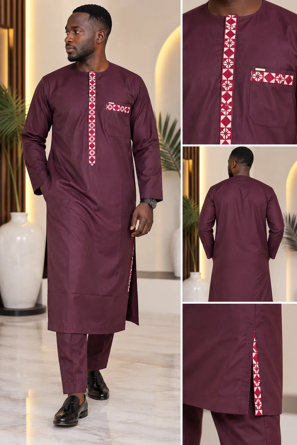 Ensemble homme bordeaux : vue de face, détail de l’encolure, dos et fente latérale