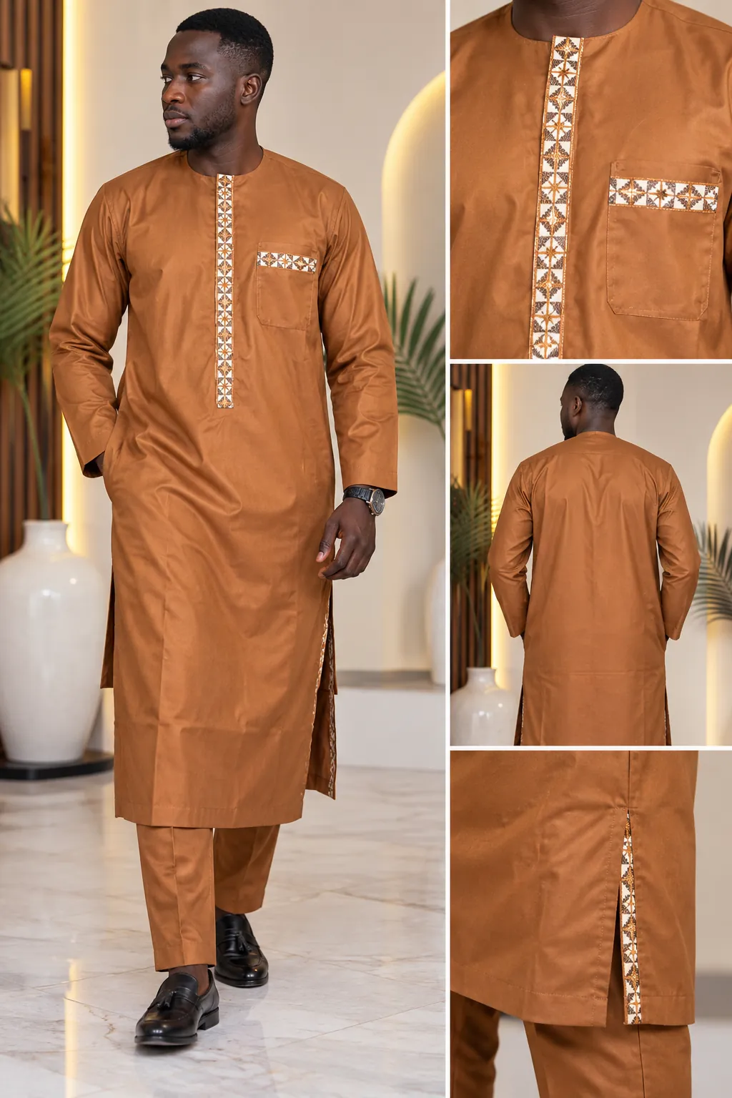 Ensemble homme camel : vue de face, détail de l’encolure, dos et fente latérale