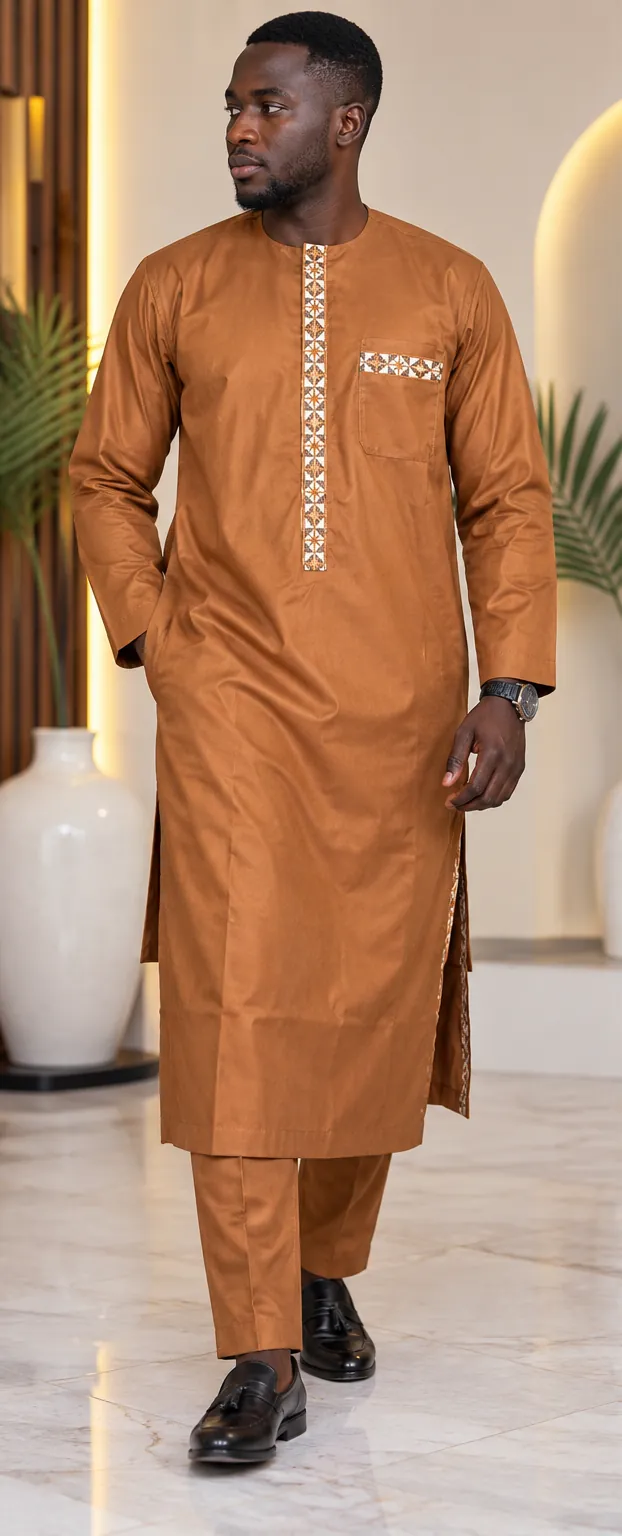 Ensemble homme camel à galon brodé ivoire