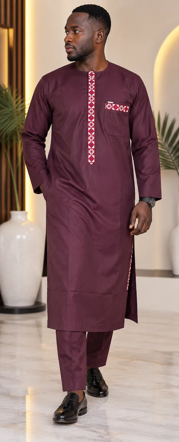 Ensemble homme bordeaux à galon brodé géométrique