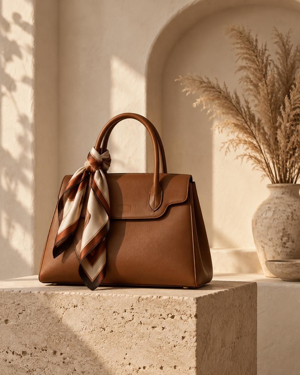 Illustration d’ambiance : sac en cuir et foulard